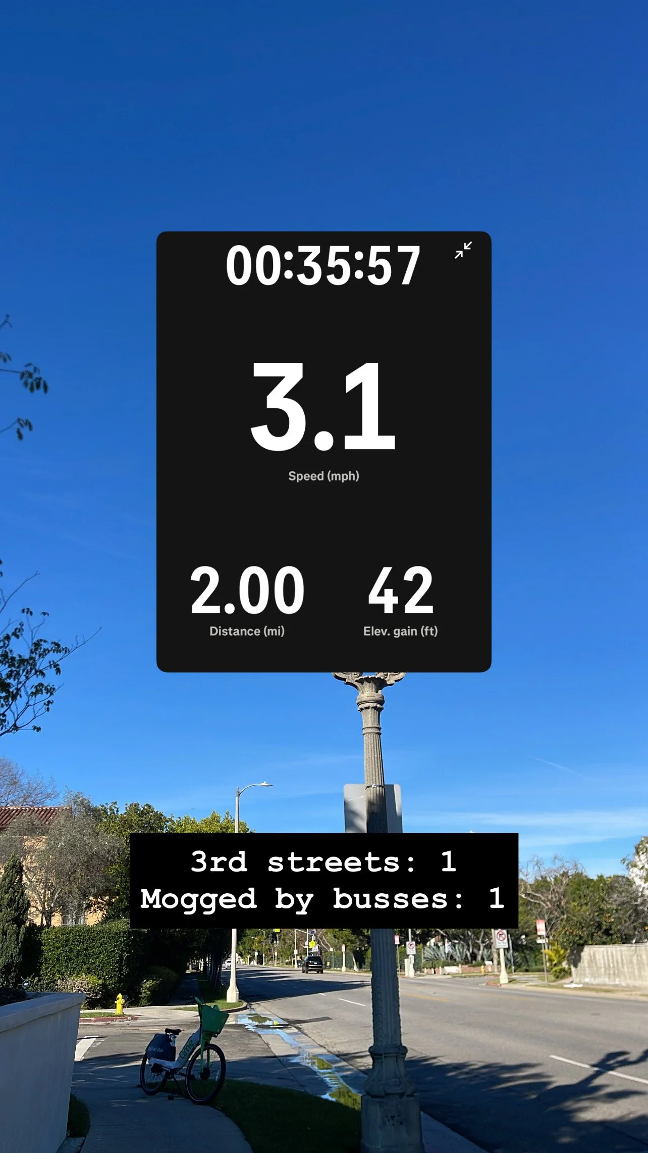 Story screenshot at 00:35:57 — pace 3.1, 2.00 mi, 42 steps. Caption: 3rd streets: 1, Mogged by busses: 1.