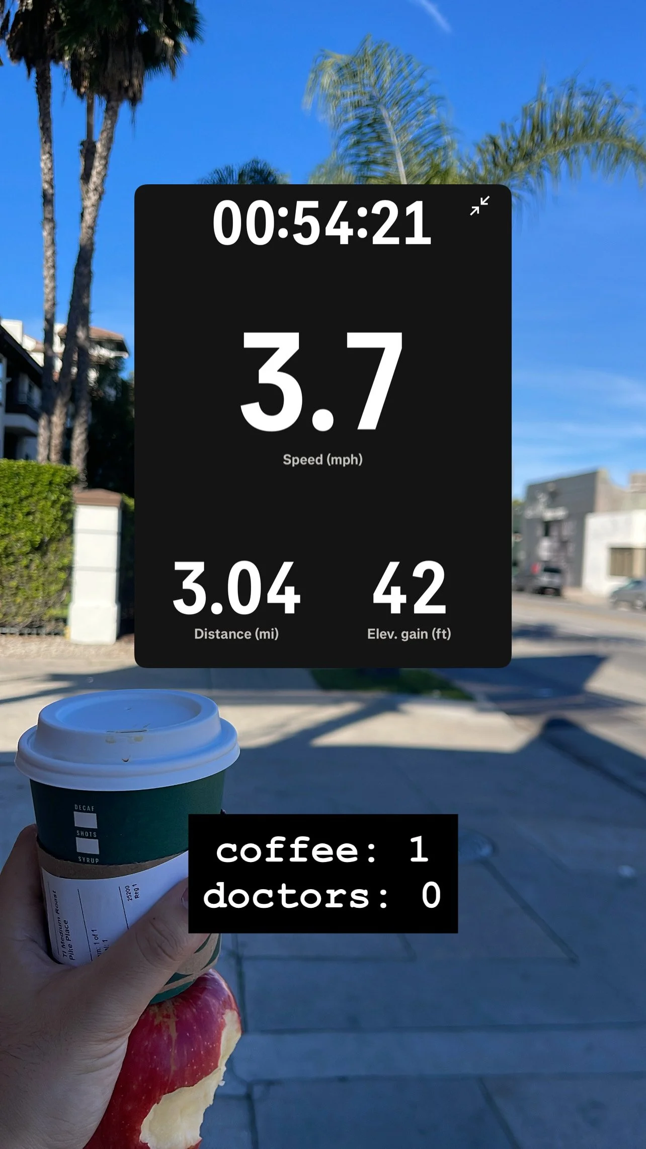 Story screenshot at 00:54:21 — pace 3.7, 3.04 mi, 42 steps, photo of a coffee cup. Caption: coffee: 1, doctors: 0.