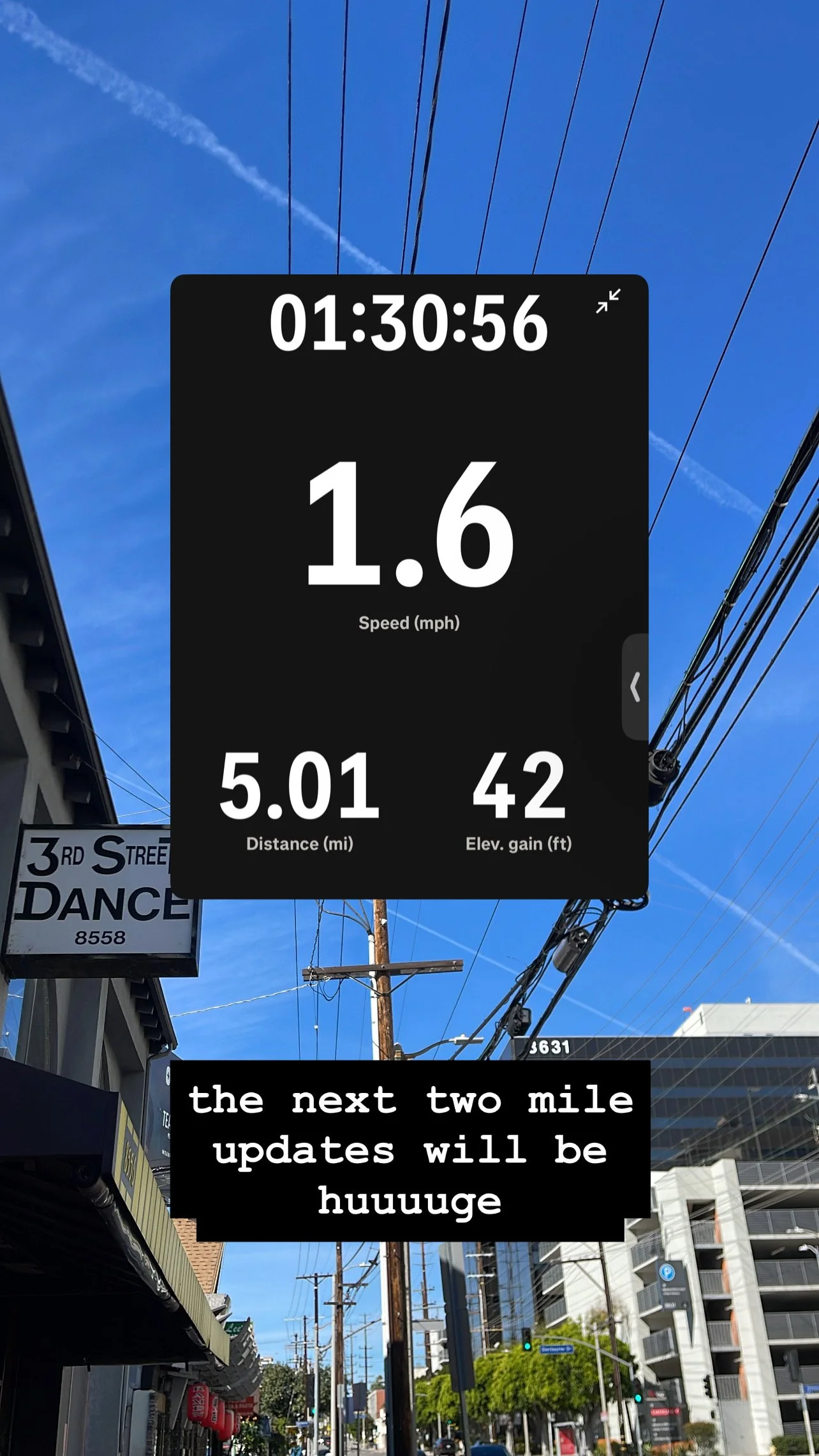 Story screenshot at 01:30:56 — pace 1.6, 5.01 mi, 42 steps. Caption: the next two mile updates will be huuuuge.