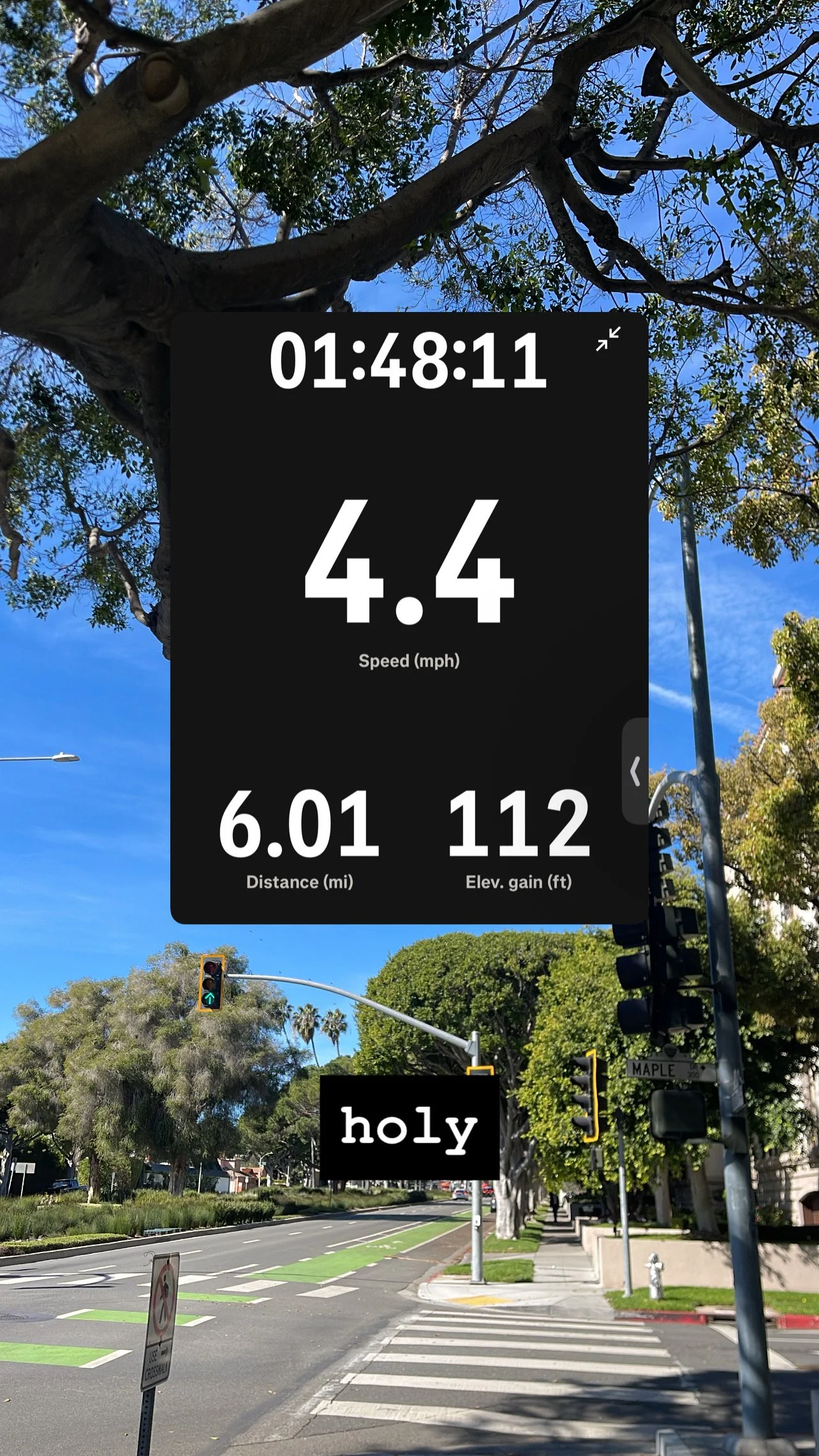 Story screenshot at 01:48:11 — pace 4.4, 6.01 mi, 112 steps. Caption: holy.