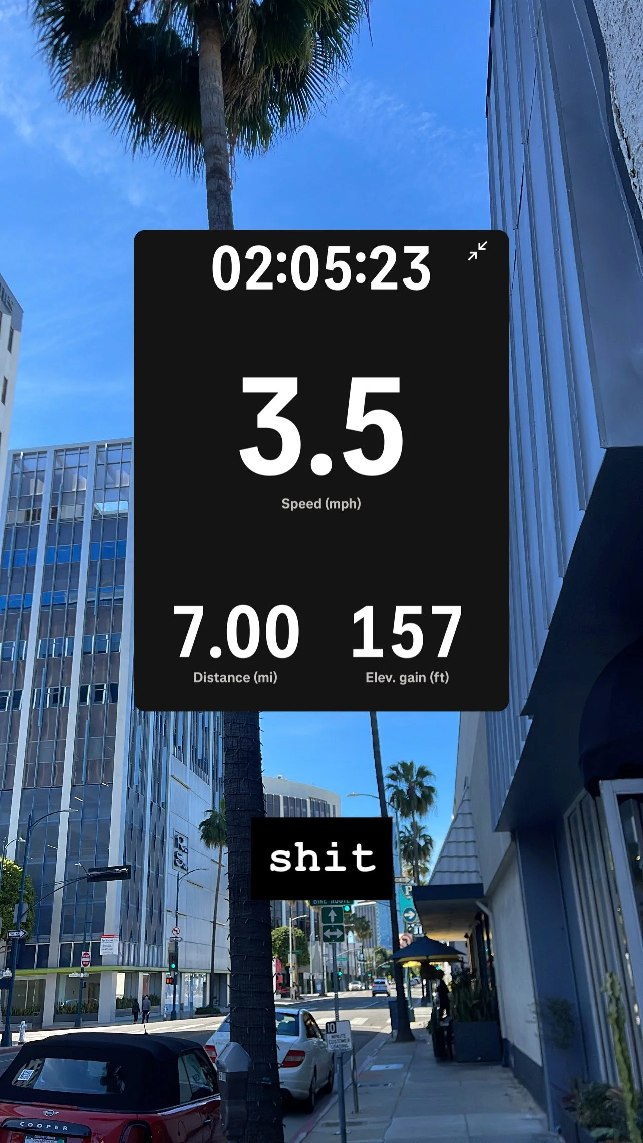Story screenshot at 02:05:23 — pace 3.5, 7.00 mi, 157 steps. Caption: shit.