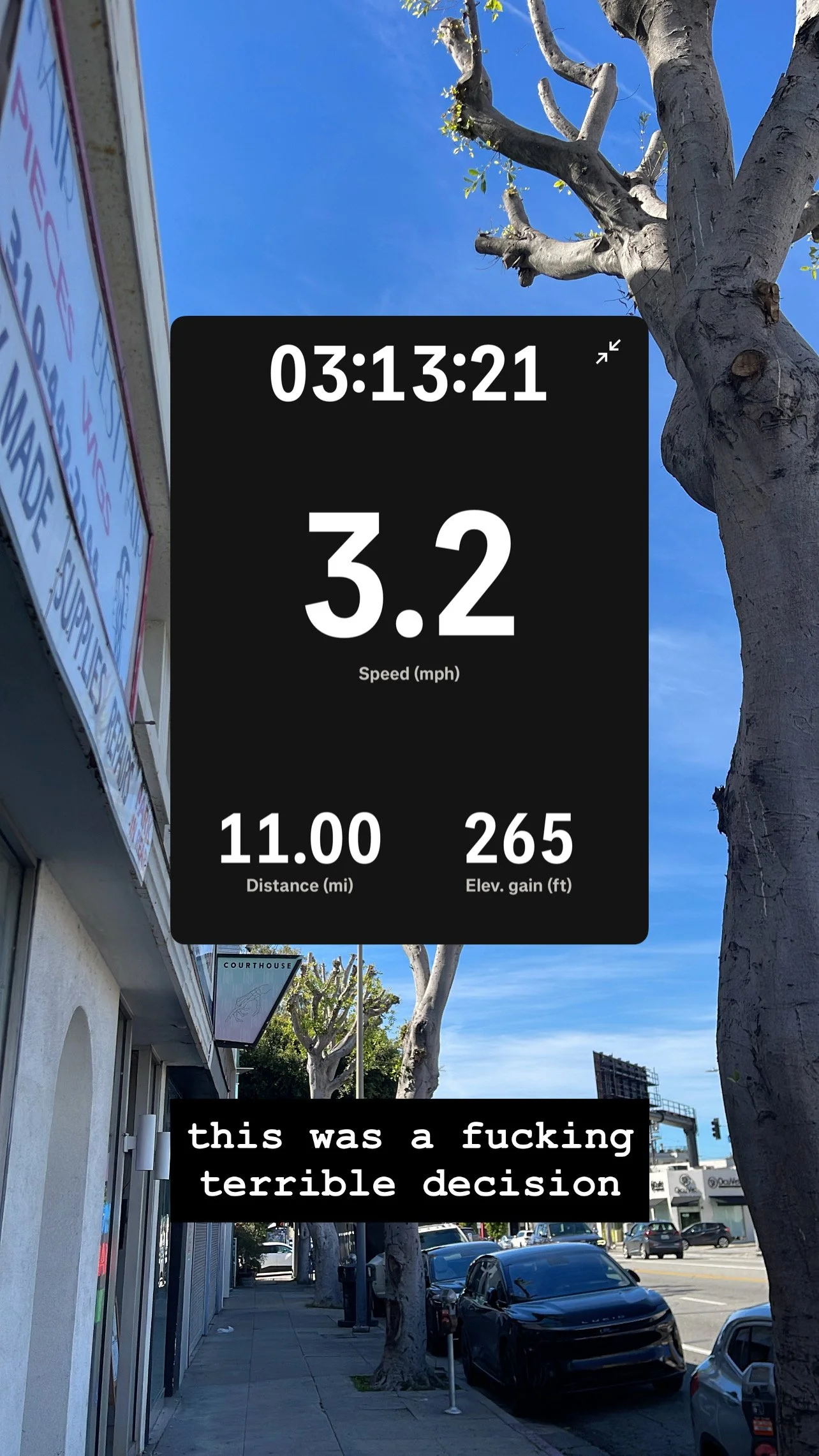 Story screenshot at 03:13:21 — pace 3.2, 11.00 mi, 265 steps. Caption: this was a fucking terrible decision.
