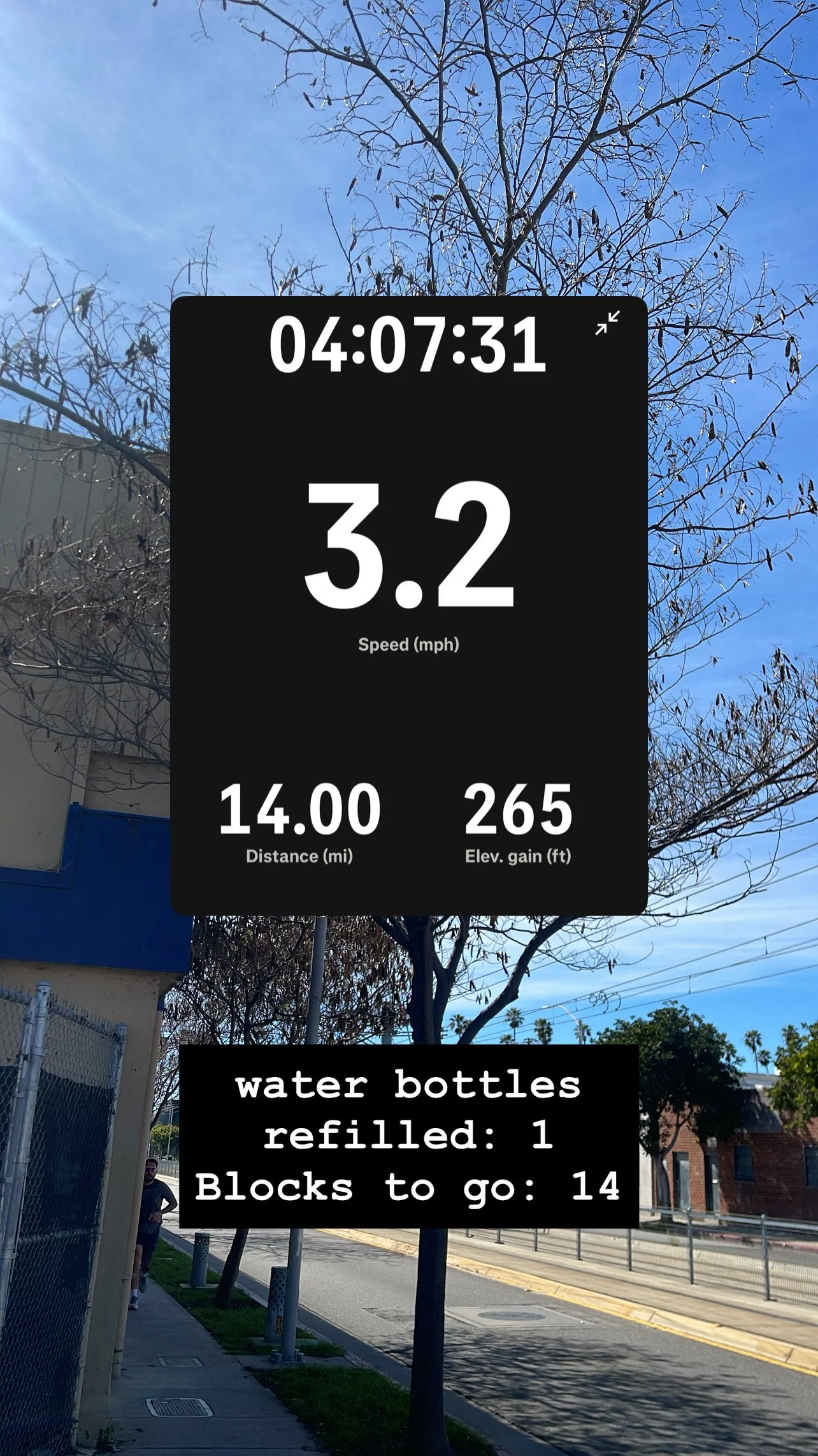 Story screenshot at 03:49:00 — pace 2.6, 13.00 mi, 265 steps. Caption: the soreness has worked its way up to my lower back.