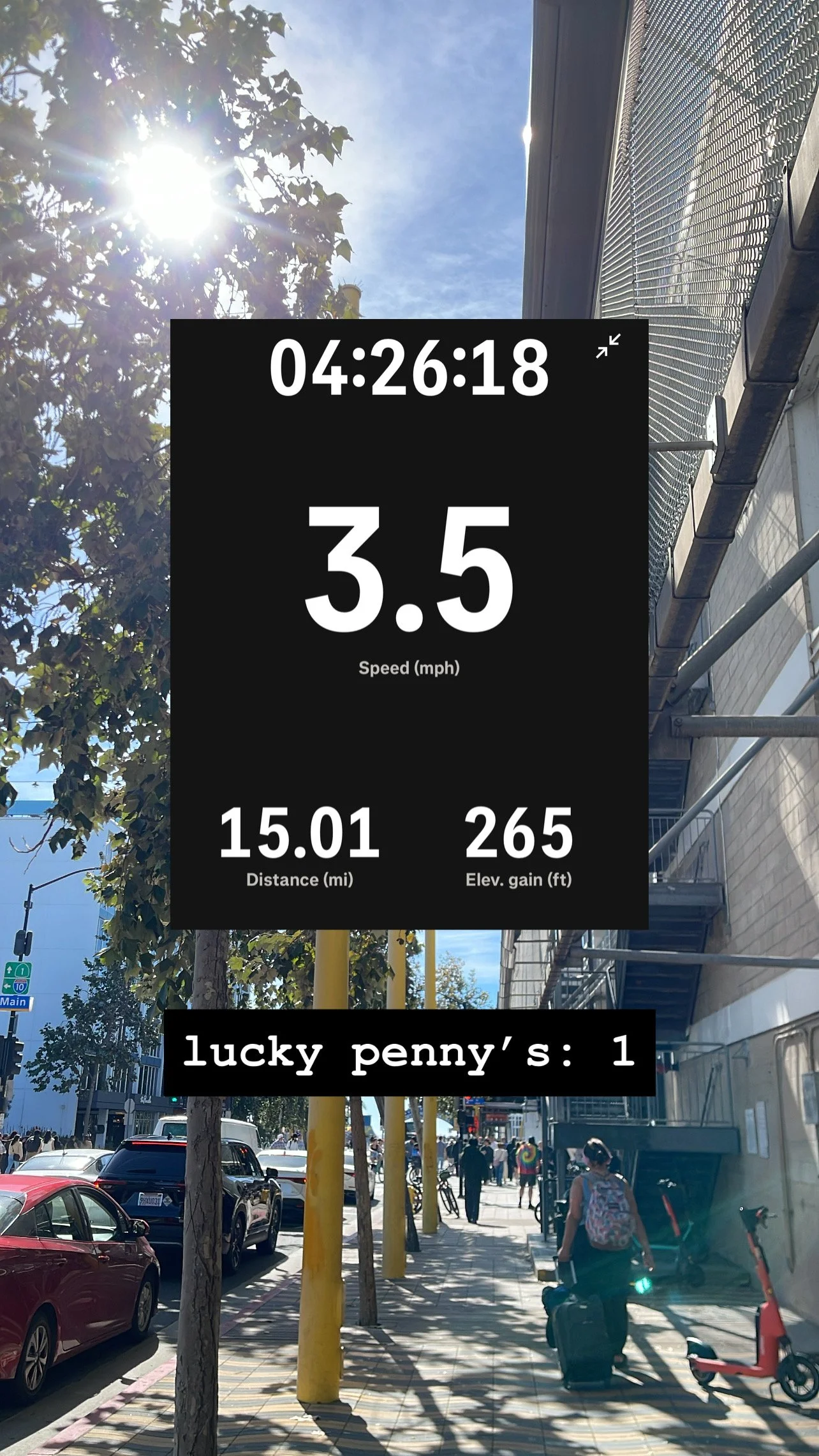 Story screenshot at 04:07:31 — pace 3.2, 14.00 mi, 265 steps. Caption: water bottles refilled: 1, blocks to go: 14.