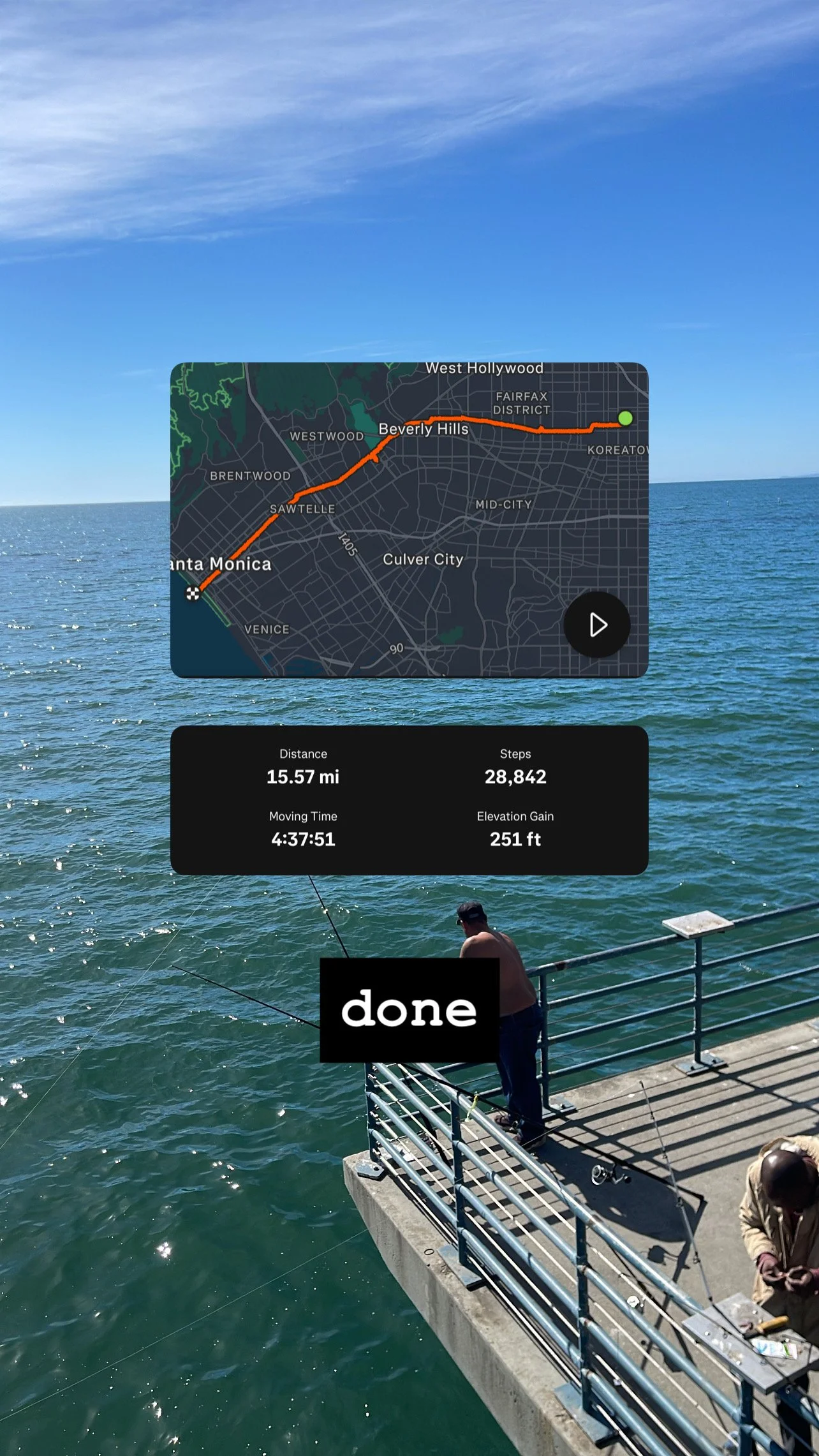 Story screenshot at 04:26:18 — pace 3.5, 15.01 mi, 265 steps. Caption: lucky penny's: 1.