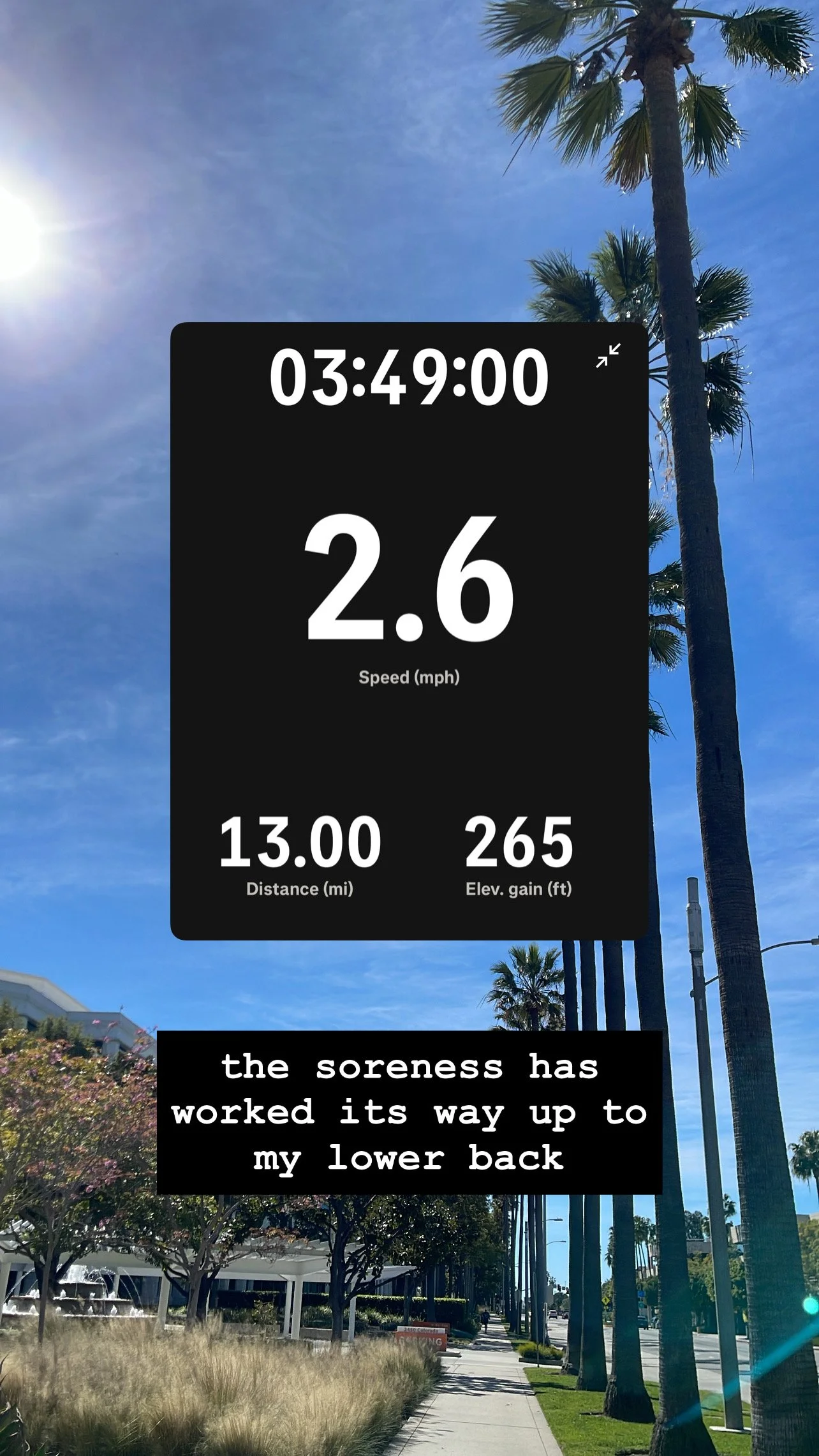 A 'listened to' collage of album covers from the walk, with a rating caption below.